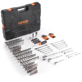 VEVOR Mechanics Tool Set and Socket Set, 1/4" 3/8" 1/2" Drive Deep and Standard Sockets, 205 Pcs SAE and Metric Mechanic Tool Kit with Bits, Combinati