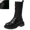 Lucyever Side Zipper Platform Mid Calf Boots Women Lace Up Thick Sole Motorcycle Boots Woman Autumn Winter Warm Pu Leather Shoes