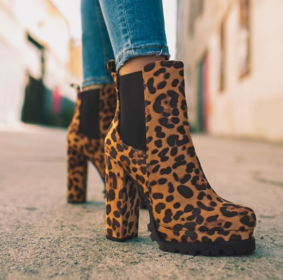 New women's round head leopard print autumn and winter thick heel low boots sleeve Martin boots women (Color: Leopard print, size: 43)