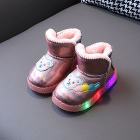 LED Children Snow Boots 1 to 6 year old Baby Boy Cartoon Bear Short Boots with Luminous Sole Warm Plush Winter Shoes Girl E10253 (Color: Pink, size: 28)