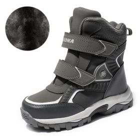 BONA New Classics Style Children Boots Hook & Loop Boys Snow Boots Leather Boys Ankle Boots Outdoor Fashion Sneakers (Color: DARK  GRAY  PLUSH, size: 3.5)