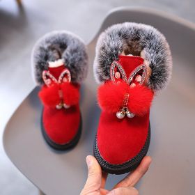 Winter Kids Snow Boots Cute Pearl Sequins Furry Kids Shoes for Girls Toddler Baby Plush Ankle Boots Warm Casual Shoes Size 21-30 (Color: Red, size: 25(Insole 15.5cm))