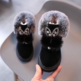 Winter Kids Snow Boots Cute Pearl Sequins Furry Kids Shoes for Girls Toddler Baby Plush Ankle Boots Warm Casual Shoes Size 21-30 (Color: Black, size: 27(Insole 16.5cm))