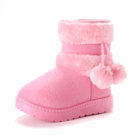 Thick Warm Kids Snow Boots Cute Hairball Winter Boots With Plush Toddler Baby Girl Cotton Shoes Non-slip Casual Flats Size 20-35 (Color: Pink, size: 28(Insole 17cm))