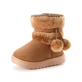 Thick Warm Kids Snow Boots Cute Hairball Winter Boots With Plush Toddler Baby Girl Cotton Shoes Non-slip Casual Flats Size 20-35 (Color: Khaki, size: 29(Insole 17.8cm))