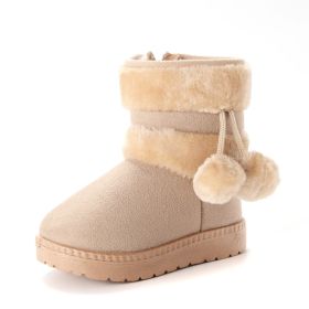 Thick Warm Kids Snow Boots Cute Hairball Winter Boots With Plush Toddler Baby Girl Cotton Shoes Non-slip Casual Flats Size 20-35 (Color: Beige, size: 25(Insole 15cm))