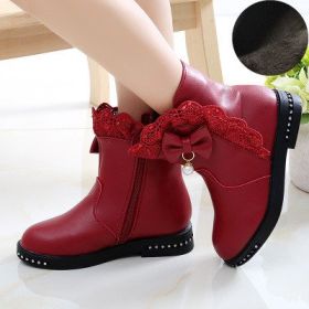 Girls Boots Fashion Rhinestone Bow Leather Ankle Boots Winter Plush Warm Big Girl Snow Boots Flat Casual Kids Shoes Size 27-37 (Color: wine red, size: 27(Insole 16.5cm))