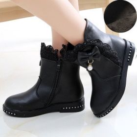 Girls Boots Fashion Rhinestone Bow Leather Ankle Boots Winter Plush Warm Big Girl Snow Boots Flat Casual Kids Shoes Size 27-37 (Color: Black, size: 33(insole 20.5cm))