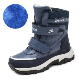 BONA New Arrival Classics Style Children Boots Hook & Loop Boys Winter Shoes Round Toe Girls Snow Boots Light Free Shipping (Color: DEEP BLUE PLUSH, size: 5.5)