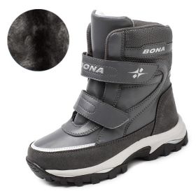 BONA New Arrival Classics Style Children Boots Hook & Loop Boys Winter Shoes Round Toe Girls Snow Boots Light Free Shipping (Color: DARK GRAY  PLUSH, size: 3.5)