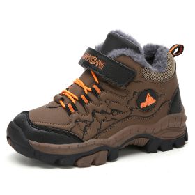 FLARUT Kids Winter Shoes Boys Hiking Shoes Plus Fur Warm Sport Running Shoes Waterproof Non-slip Outdoor Soft Climbing Sneakers (Color: brown winter shoes, size: 6)