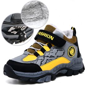 FLARUT Kids Winter Shoes Boys Hiking Shoes Plus Fur Warm Sport Running Shoes Waterproof Non-slip Outdoor Soft Climbing Sneakers (Color: yellow snow boot boy, size: 6)