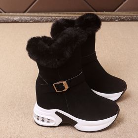 Snow Boots Women Winter Thick Velvet Mid-tube Warm Cotton Shoes Thick Bottom Wedge Heel Buckle Cotton Shoes (Color: Black, size: 38)