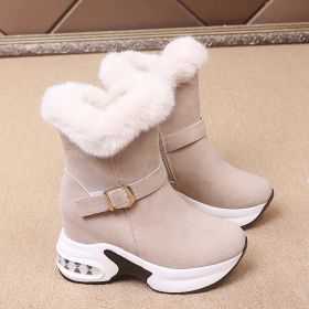 Snow Boots Women Winter Thick Velvet Mid-tube Warm Cotton Shoes Thick Bottom Wedge Heel Buckle Cotton Shoes (Color: Khaki, size: 40)