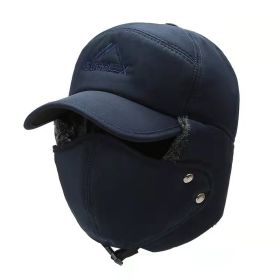 Men's warm peaked cap middle-aged and elderly outdoor riding warm ear protection cap (Color: Navy Blue)