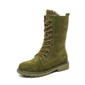 Winter Fur Snow Boots Women's Suede Leather Short Plush Oxford (Color: Green, size: 36)