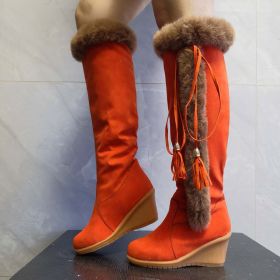 Winter Plush Long Boots For Women Combat Boots Wedges Shoes (Color: Orange, size: Size42)