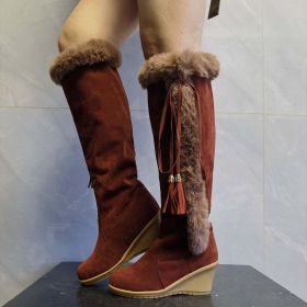 Winter Plush Long Boots For Women Combat Boots Wedges Shoes (Color: Dark brown, size: Size39)