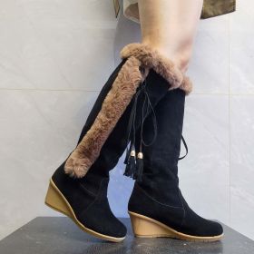 Winter Plush Long Boots For Women Combat Boots Wedges Shoes (Color: Black, size: Size41)