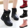 Girls Boots Fashion Rhinestone Bow Leather Ankle Boots Winter Plush Warm Big Girl Snow Boots Flat Casual Kids Shoes Size 27-37