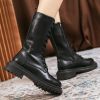 Lucyever Side Zipper Platform Mid Calf Boots Women Lace Up Thick Sole Motorcycle Boots Woman Autumn Winter Warm Pu Leather Shoes