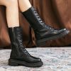 Lucyever Side Zipper Platform Mid Calf Boots Women Lace Up Thick Sole Motorcycle Boots Woman Autumn Winter Warm Pu Leather Shoes